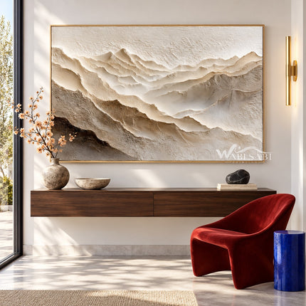 Ivory Mountain Peaks Textured Panorama shown above a console.