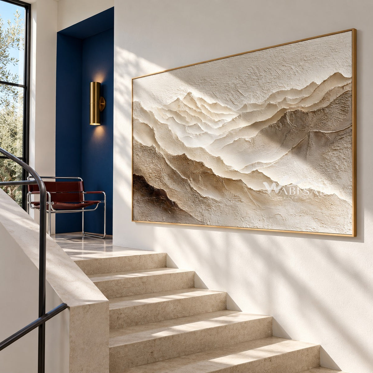 Ivory Mountain Peaks Textured Panorama shown beside a staircase.