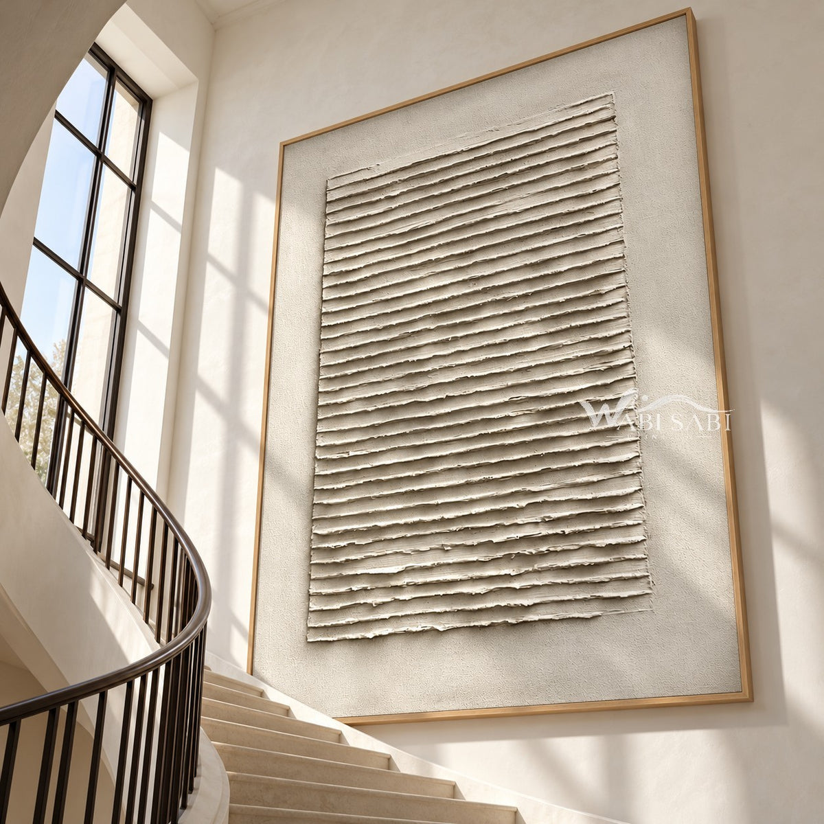 Ivory Ridge Field Abstract Painting shown beside a staircase.