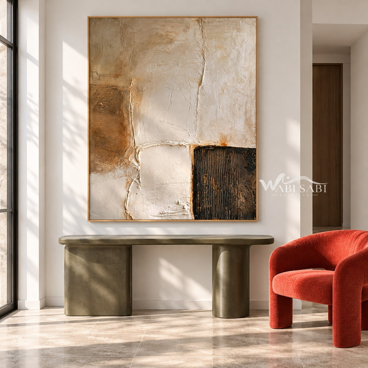Ivory Rounded Blocks and Dark Ridges Painting shown above a console.