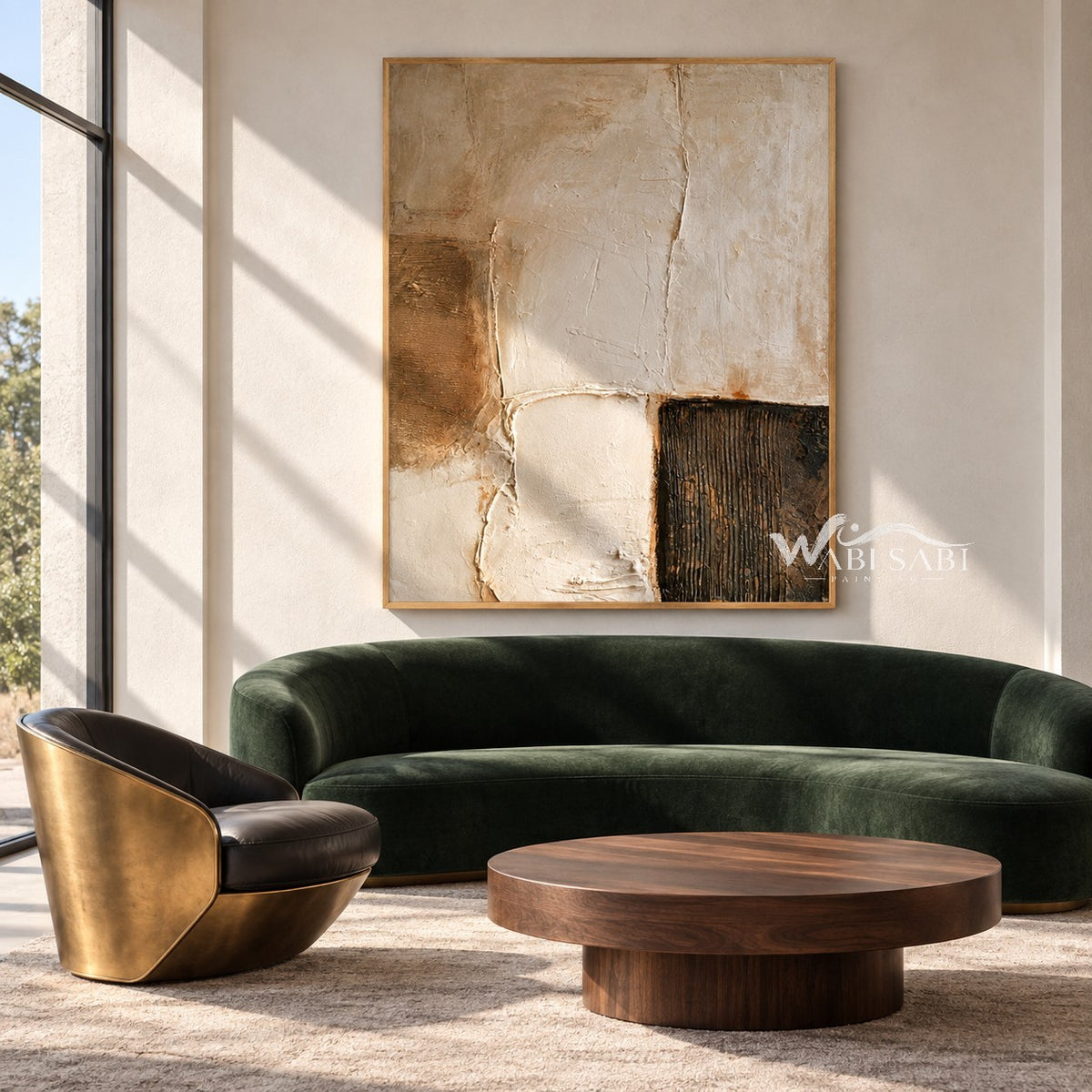 Ivory Rounded Blocks and Dark Ridges Painting shown in a living room with a sofa.