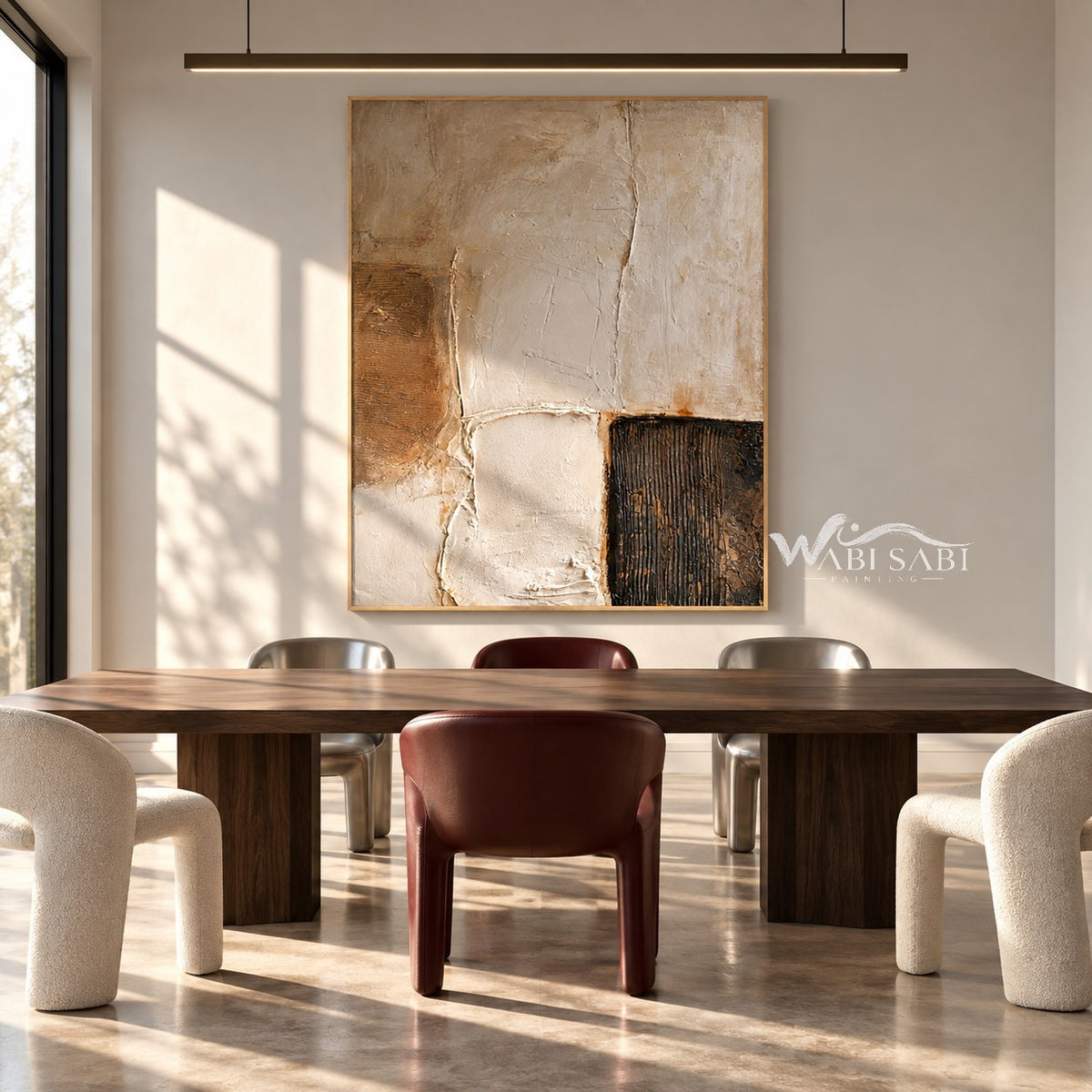 Ivory Rounded Blocks and Dark Ridges Painting shown in a dining area.
