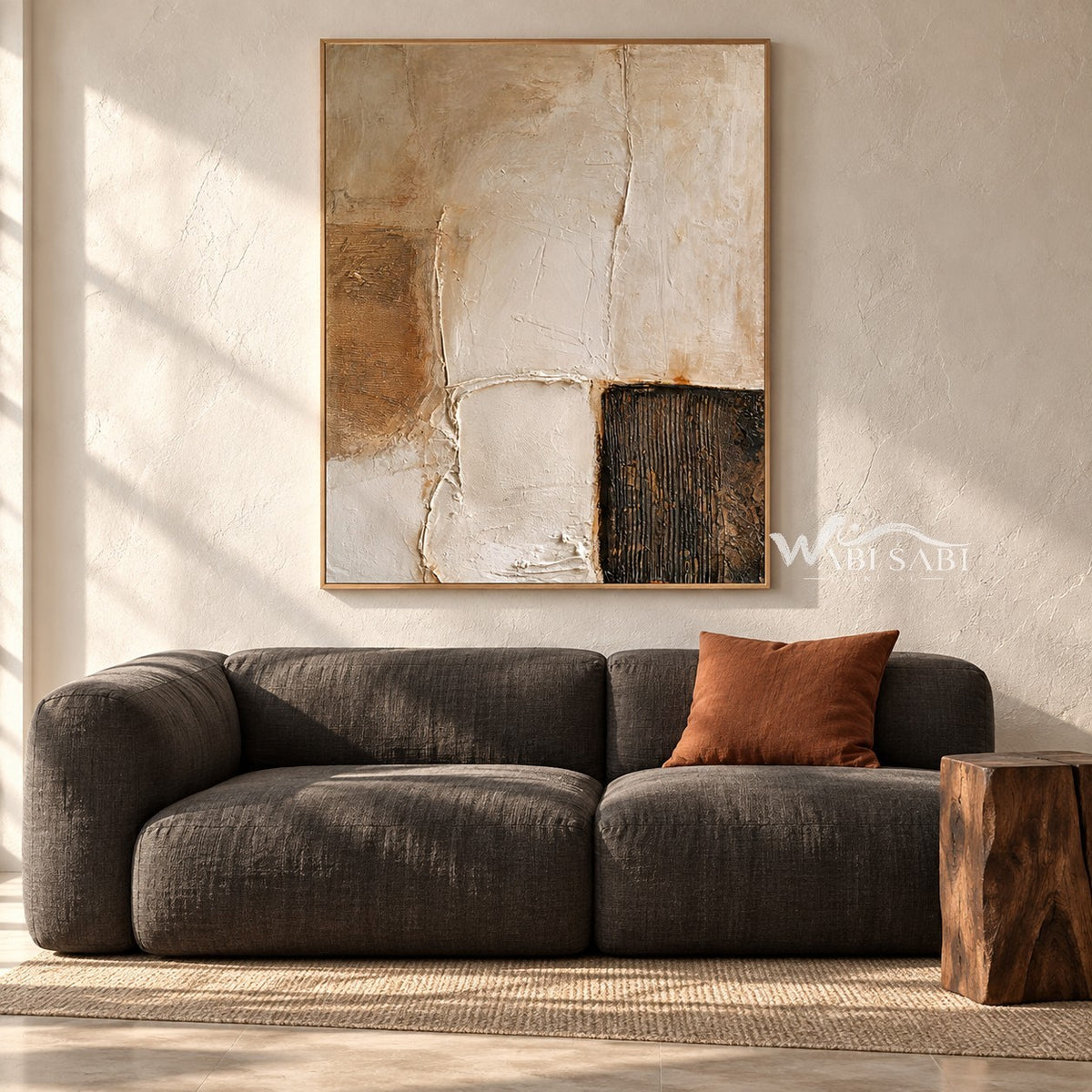 Ivory Rounded Blocks and Dark Ridges Painting shown in a living room with a sofa.
