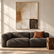 Ivory Rounded Blocks and Dark Ridges Painting shown in a living room with a sofa.