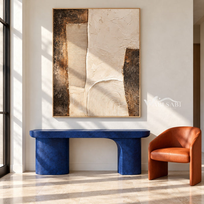 Ivory Stepped Shapes and Grooves Painting shown above a console.