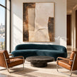 Ivory Stepped Shapes and Grooves Painting shown in a living room with a sofa.
