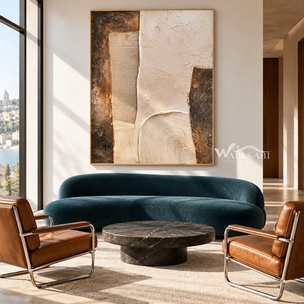 Ivory Stepped Shapes and Grooves Painting shown in a living room with a sofa.