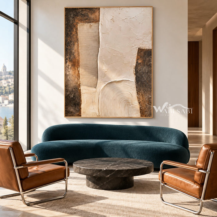Ivory Stepped Shapes and Grooves Painting shown in a living room with a sofa.