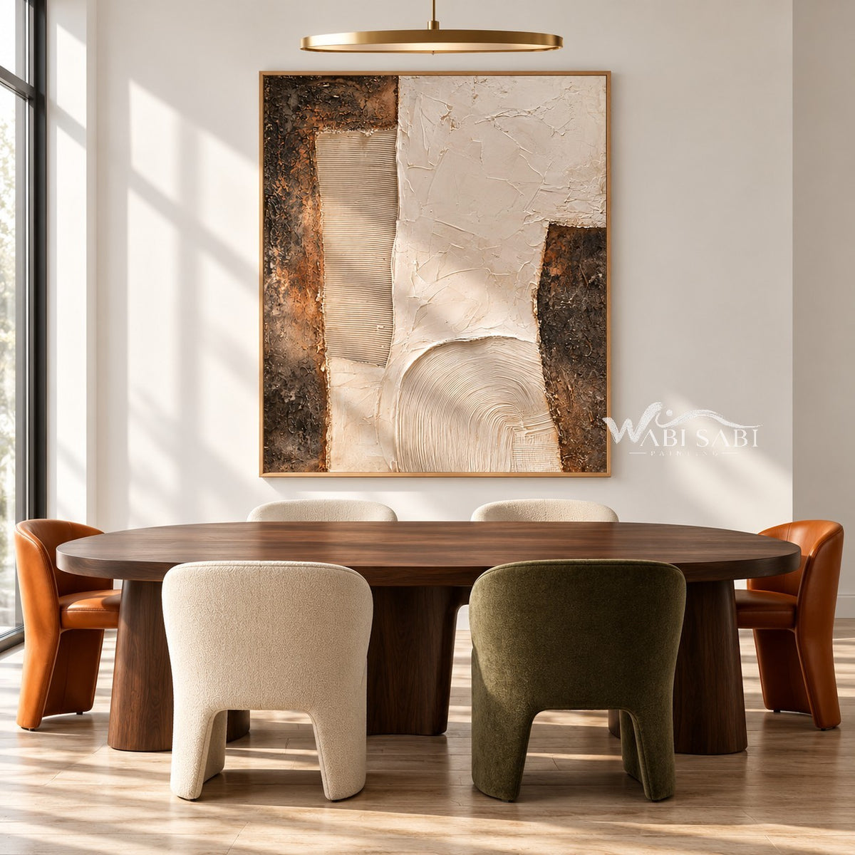 Ivory Stepped Shapes and Grooves Painting shown in a dining area.