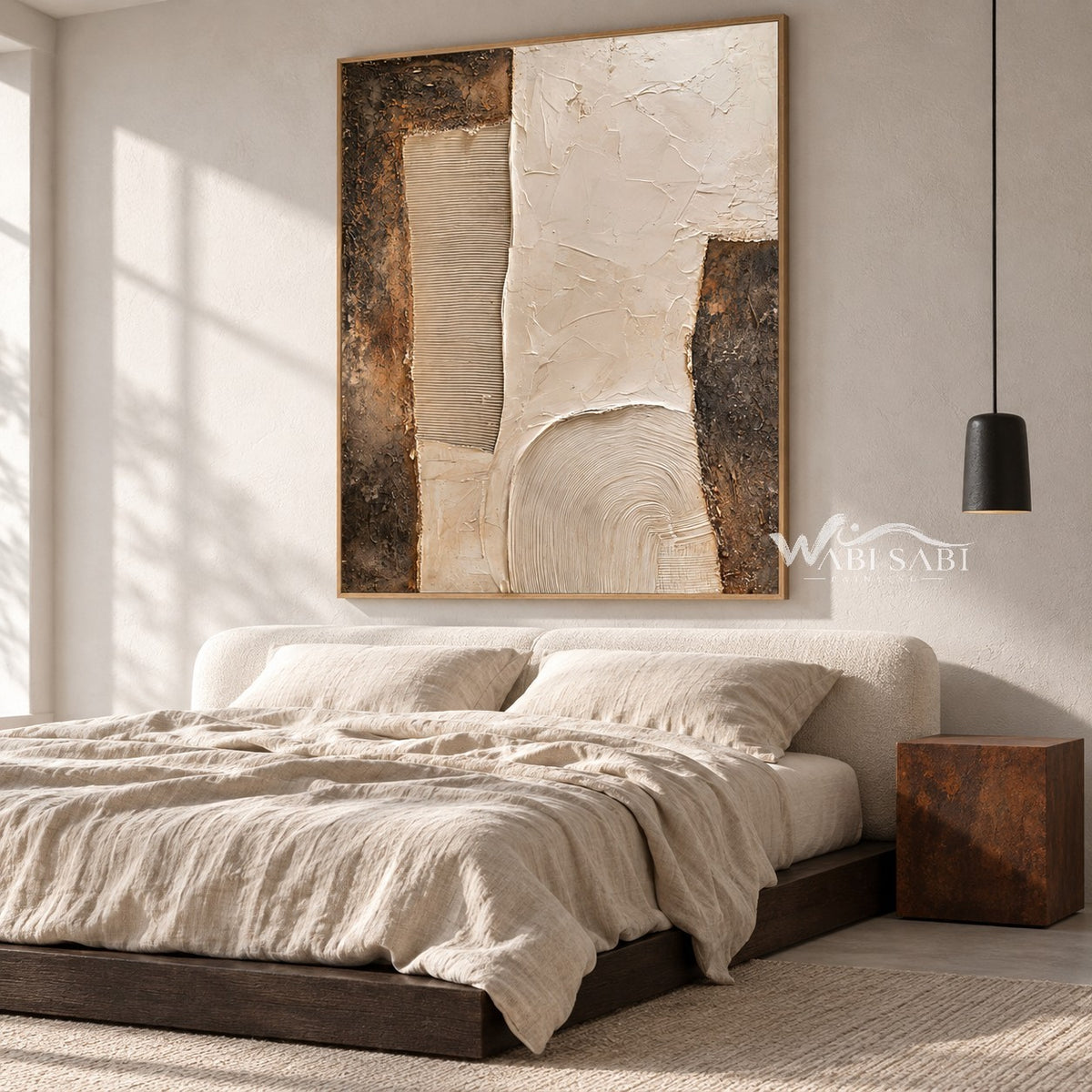 Ivory Stepped Shapes and Grooves Painting shown in a bedroom.