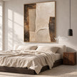 Ivory Stepped Shapes and Grooves Painting shown in a bedroom.