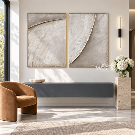 Ivory Sweeping Arc Diptych Wall Art shown above a console.