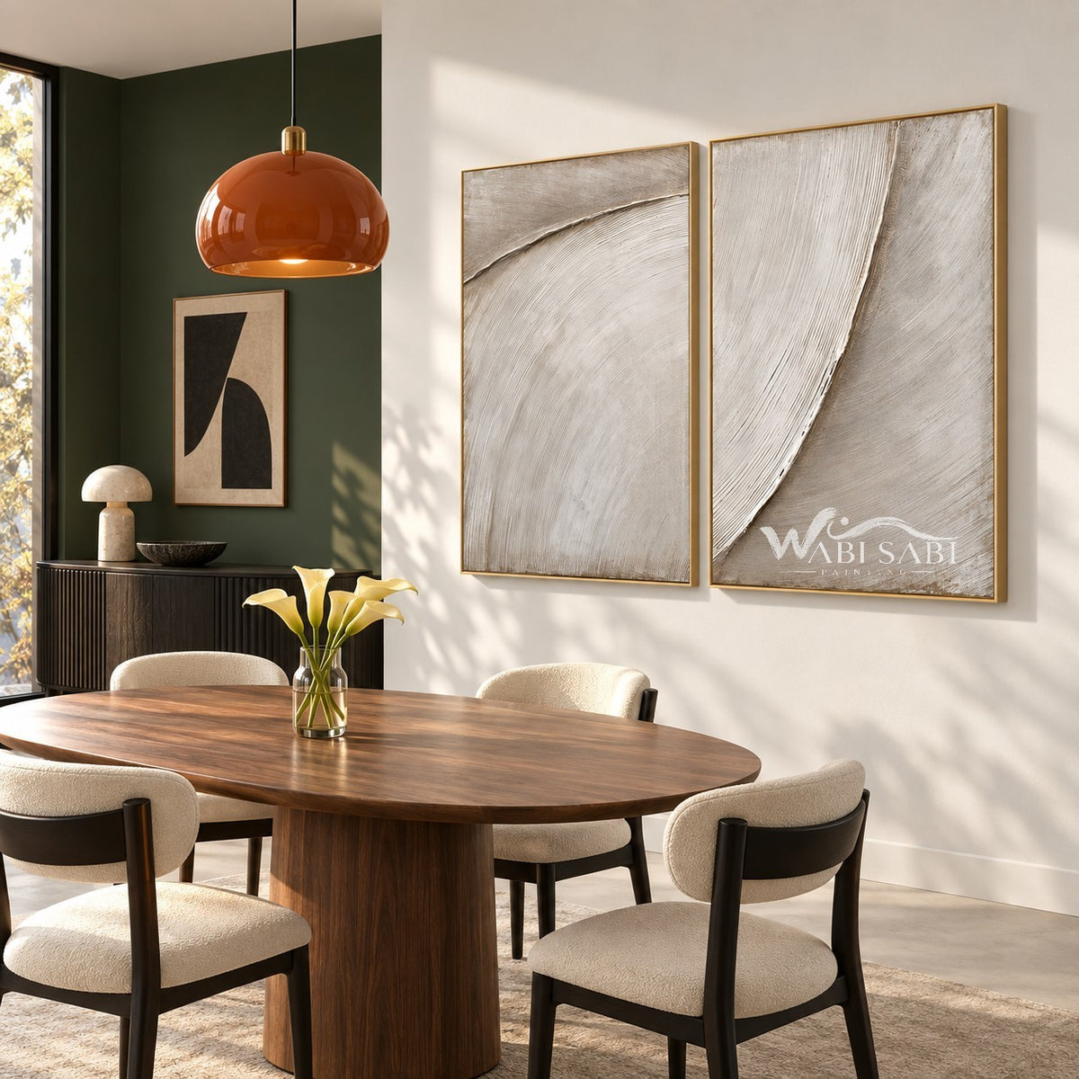 Ivory Sweeping Arc Diptych Wall Art shown in a dining area.