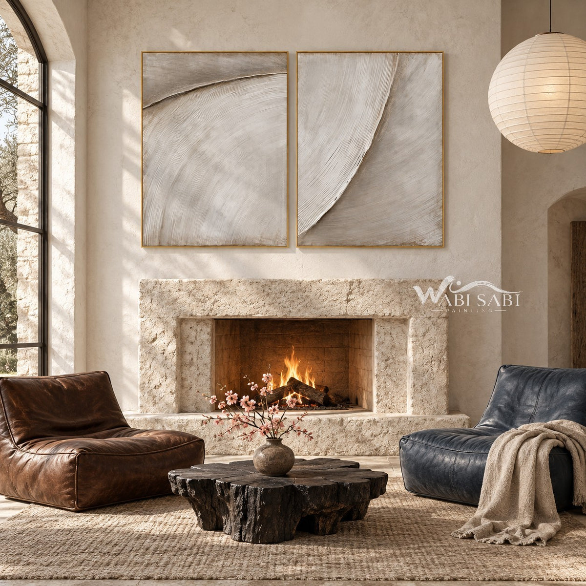 Ivory Sweeping Arc Diptych Wall Art shown near a fireplace.