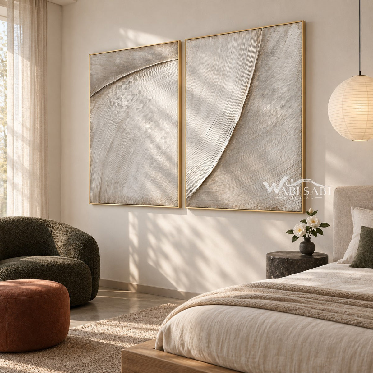 Ivory Sweeping Arc Diptych Wall Art shown in a bedroom.