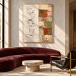Ivory Texture and Earth Tone Blocks Wall Art shown above a burgundy sofa.