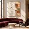 Ivory Texture and Earth Tone Blocks Wall Art shown above a burgundy sofa.