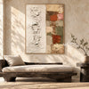 Ivory Texture and Earth Tone Blocks Wall Art shown above a pale upholstered bench.
