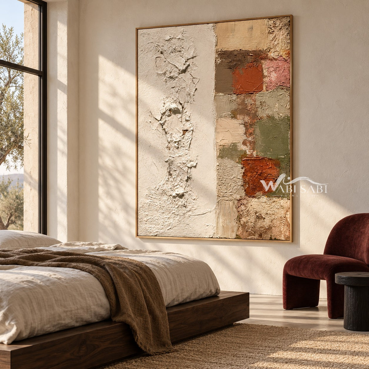 Ivory Texture and Earth Tone Blocks Wall Art shown above a bed with neutral bedding.