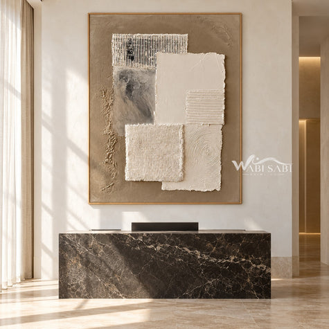 Ivory Texture Stack on Taupe shown above a console.