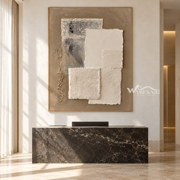 Ivory Texture Stack on Taupe shown above a console.