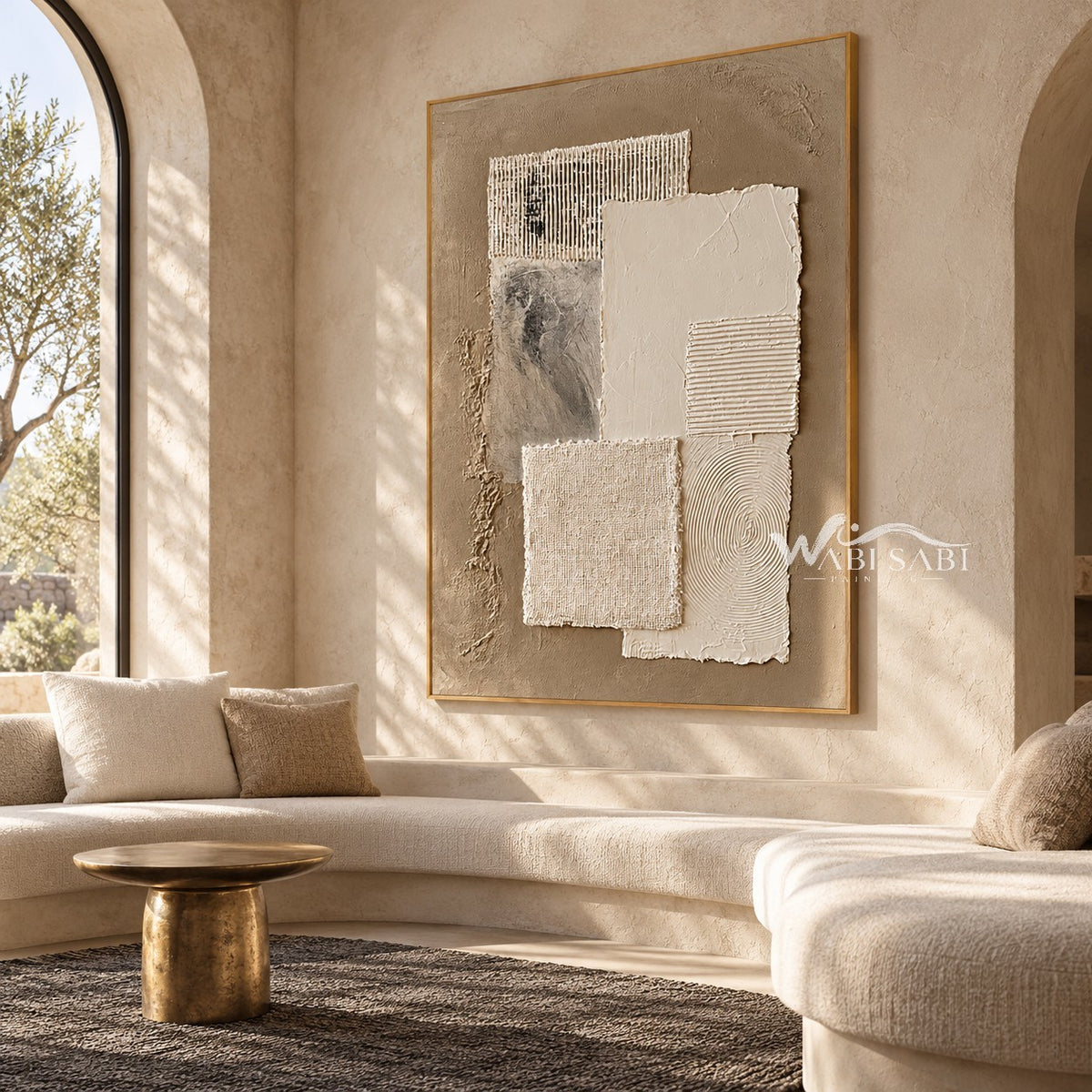 Ivory Texture Stack on Taupe shown above a sofa.