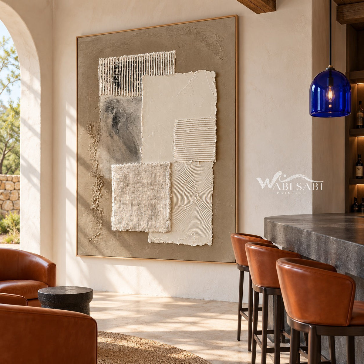 Ivory Texture Stack on Taupe shown in a bar area.