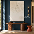 Ivory Texture Sweep and Dotted Grid Wall Art shown above a pale bench on a blue wall.