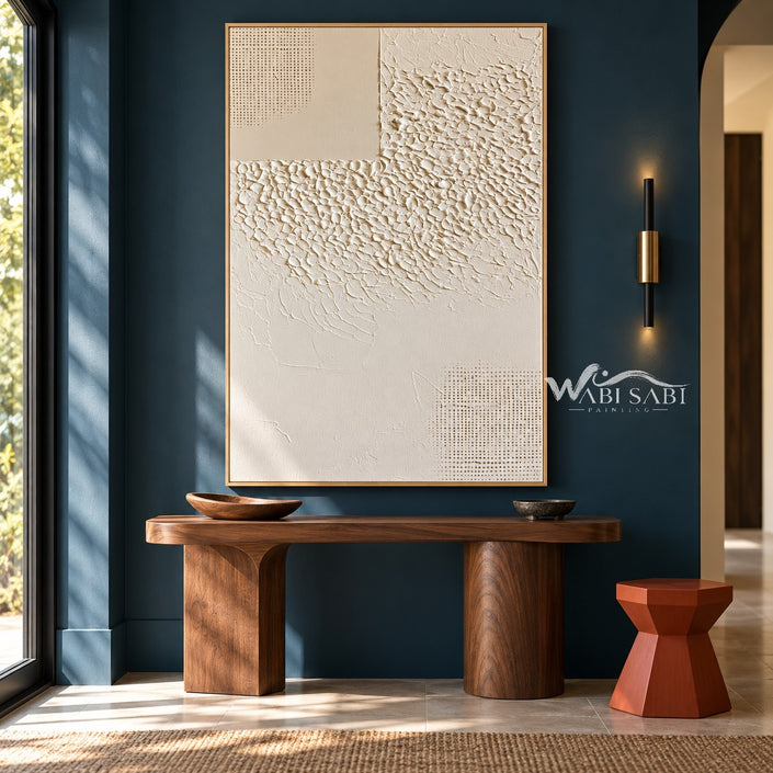 Ivory Texture Sweep and Dotted Grid Wall Art shown above a pale bench on a blue wall.
