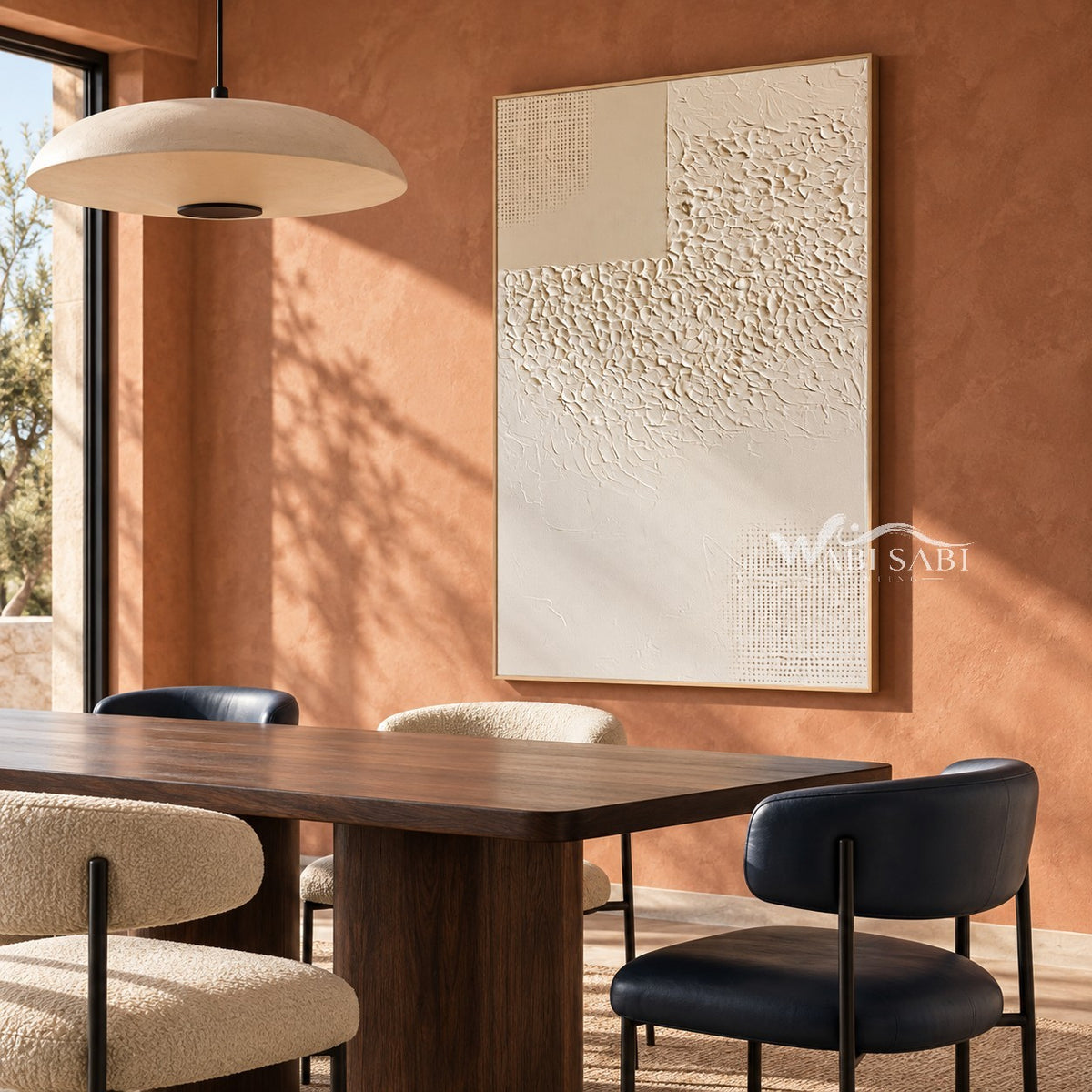 Ivory Texture Sweep and Dotted Grid Wall Art shown above a dining table on a terracotta wall.
