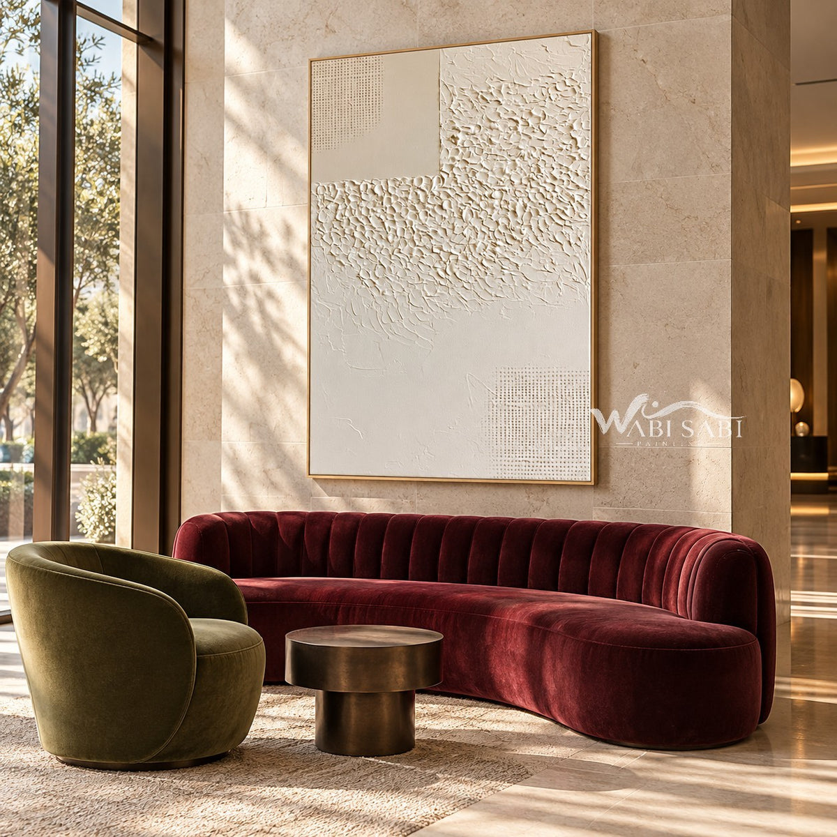 Ivory Texture Sweep and Dotted Grid Wall Art shown above a wood console between lounge chairs.