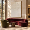 Ivory Texture Sweep and Dotted Grid Wall Art shown above a wood console between lounge chairs.