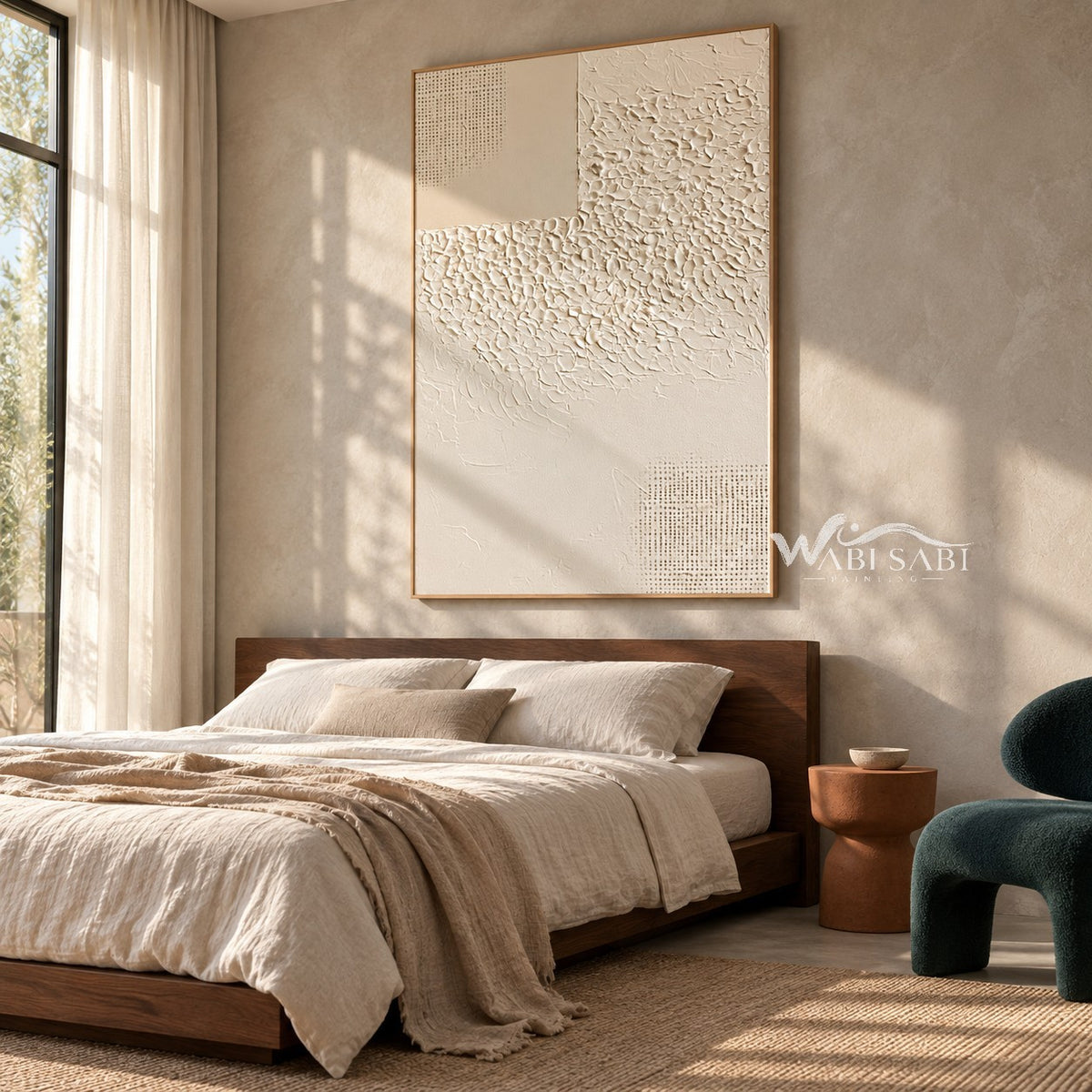 Ivory Texture Sweep and Dotted Grid Wall Art shown above a bed with neutral bedding.