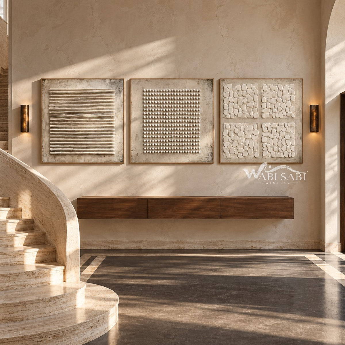 Lines Dots and Pebble Forms 3-Piece Set shown beside a staircase.