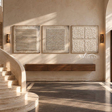 Lines Dots and Pebble Forms 3-Piece Set shown beside a staircase.