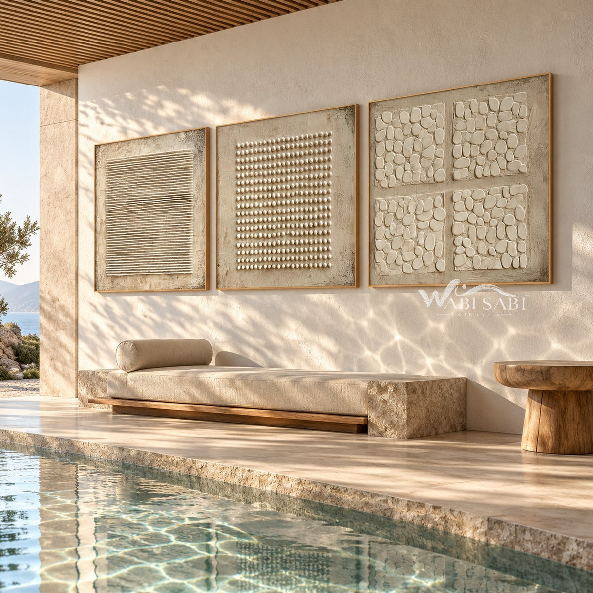 Lines Dots and Pebble Forms 3-Piece Set shown in a poolside interior.