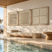 Lines Dots and Pebble Forms 3-Piece Set shown in a poolside interior.
