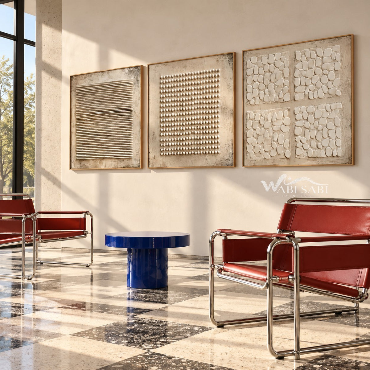 Lines Dots and Pebble Forms 3-Piece Set shown in a seating area.