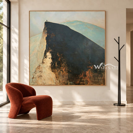 Lone Figure on a Broad Mountain Ridge Wall Art shown beside an orange chair and a coat stand.