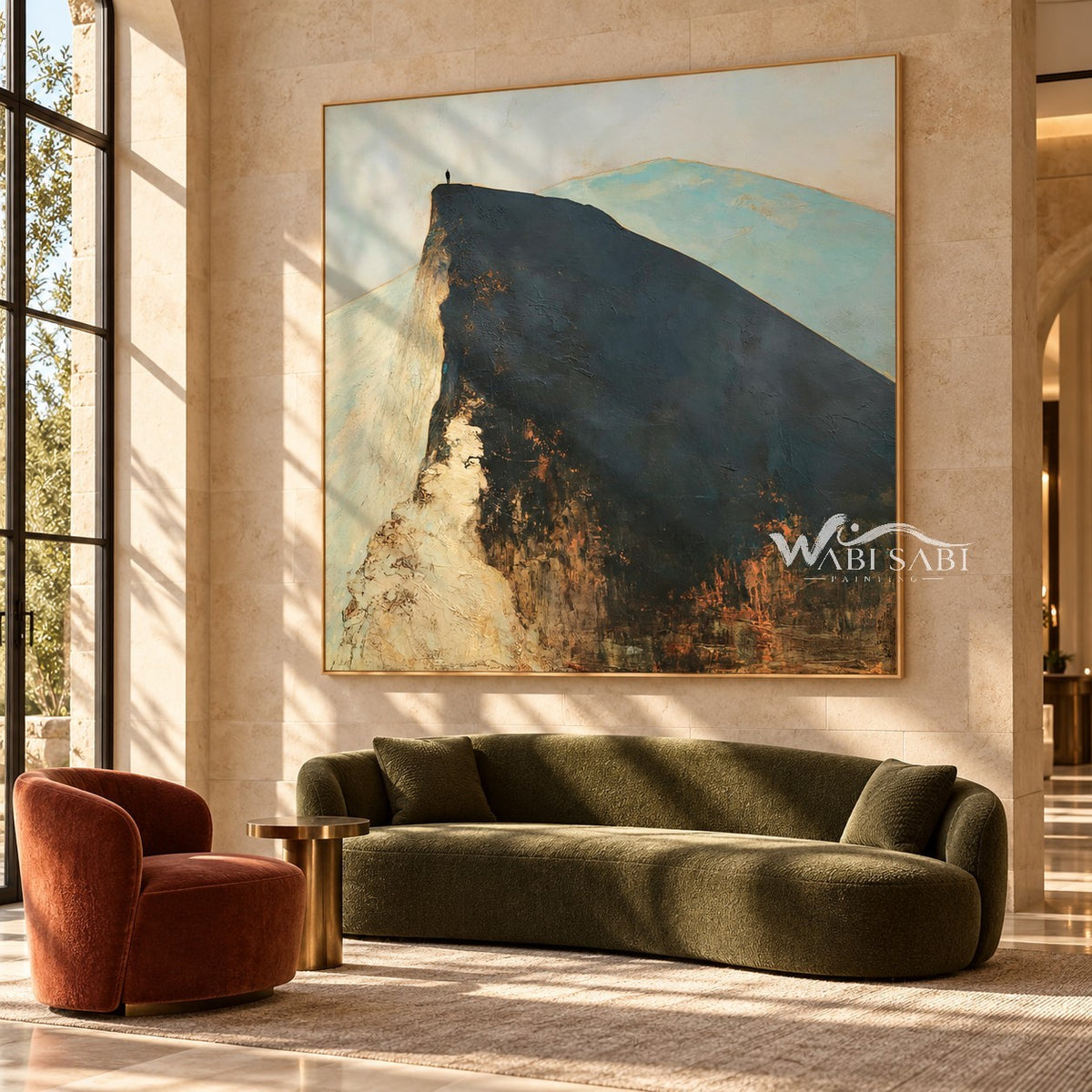 Lone Figure on a Broad Mountain Ridge Wall Art shown above a wood console between lounge chairs.