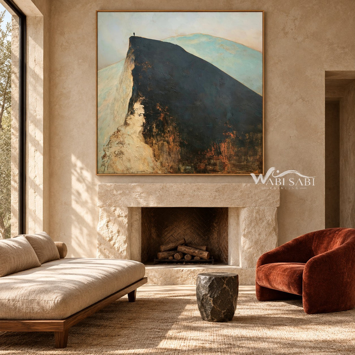 Lone Figure on a Broad Mountain Ridge Wall Art shown above a fireplace.