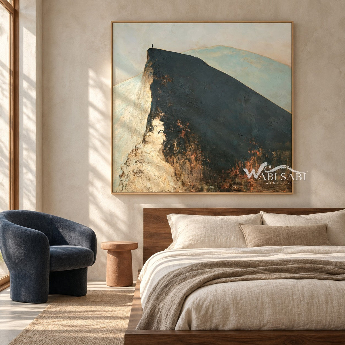 Lone Figure on a Broad Mountain Ridge Wall Art shown above a bed with neutral bedding.