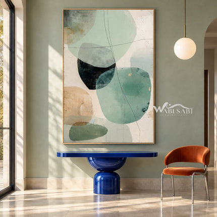 Mint Green Rounded Forms Abstract Painting shown in an entryway.