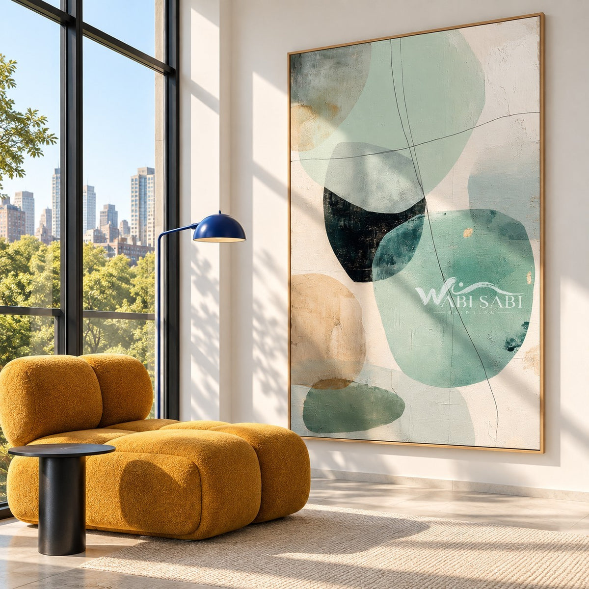 Mint Green Rounded Forms Abstract Painting shown in a seating area.