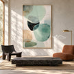 Mint Green Rounded Forms Abstract Painting shown in a seating area.