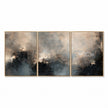 Three-panel landscape composition in blue gray, charcoal, cream. Blue and charcoal lower forms.