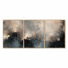 Three-panel landscape composition in blue gray, charcoal, cream. Blue and charcoal lower forms.