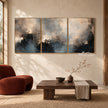 Misty Blue and Charcoal Landscape Triptych shown above a low wood table.