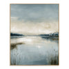 Misty Blue Lake with Reeds Wall Art. Pale horizon between dark banks.