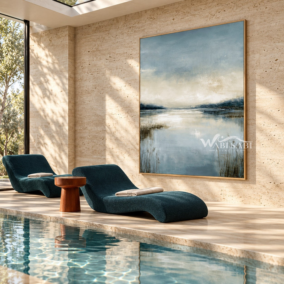 Misty Blue Lake with Reeds Wall Art shown beside an indoor pool.